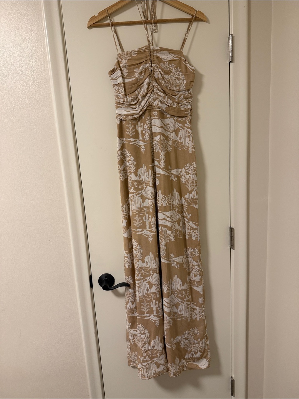 Sadie & Sage Smocked Strap Tan Jumpsuit with White Scenic Print